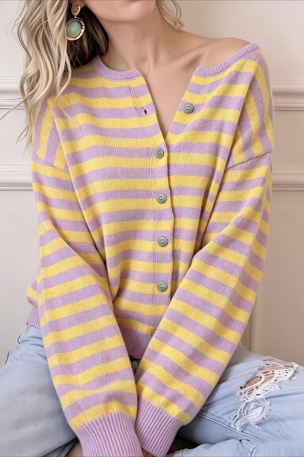 Lavender Yellow Stripe V Neck Cardigans
