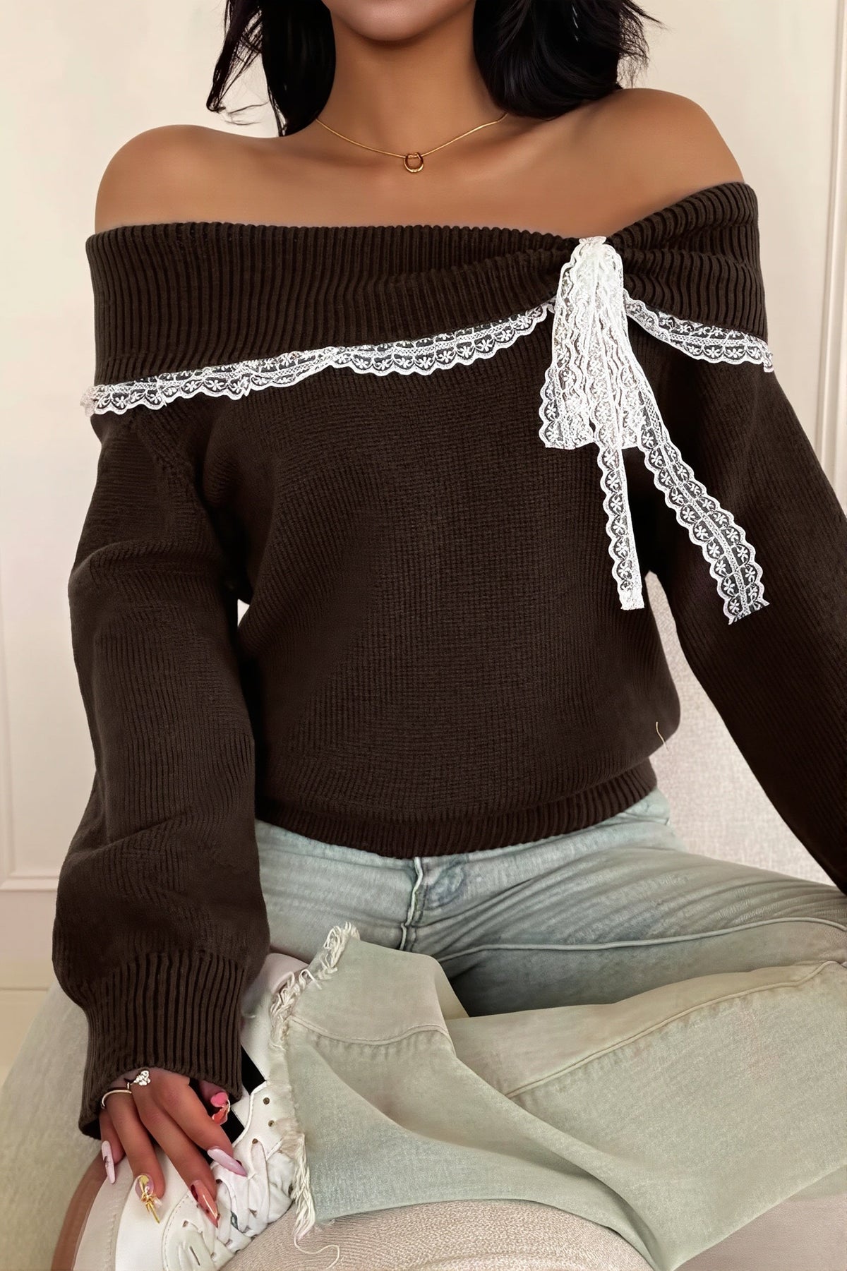 Contrast Lace Bow Off Shoulder Sweater