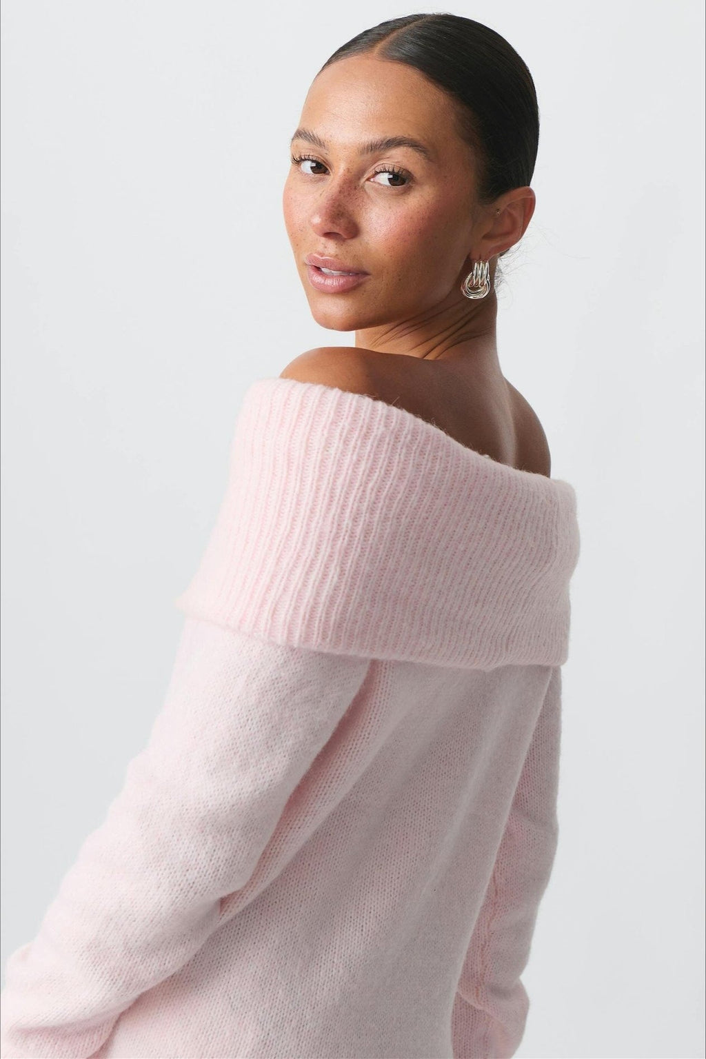 Foldover Collar Off Shoulder Fitted Sweater