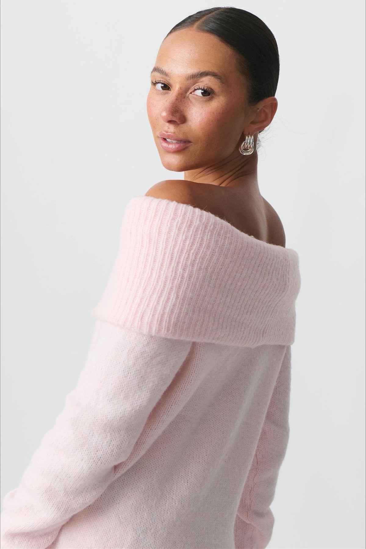 Foldover Collar Off Shoulder Fitted Sweater