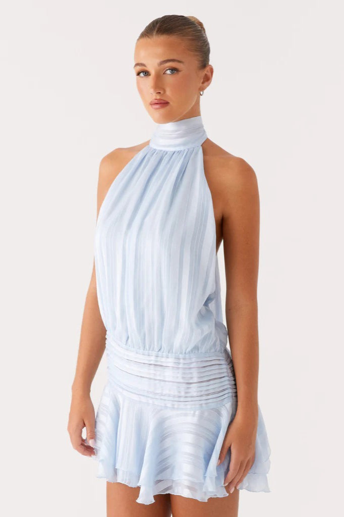 Elegant Halter Satin Jacquard Stripe Mini Dress