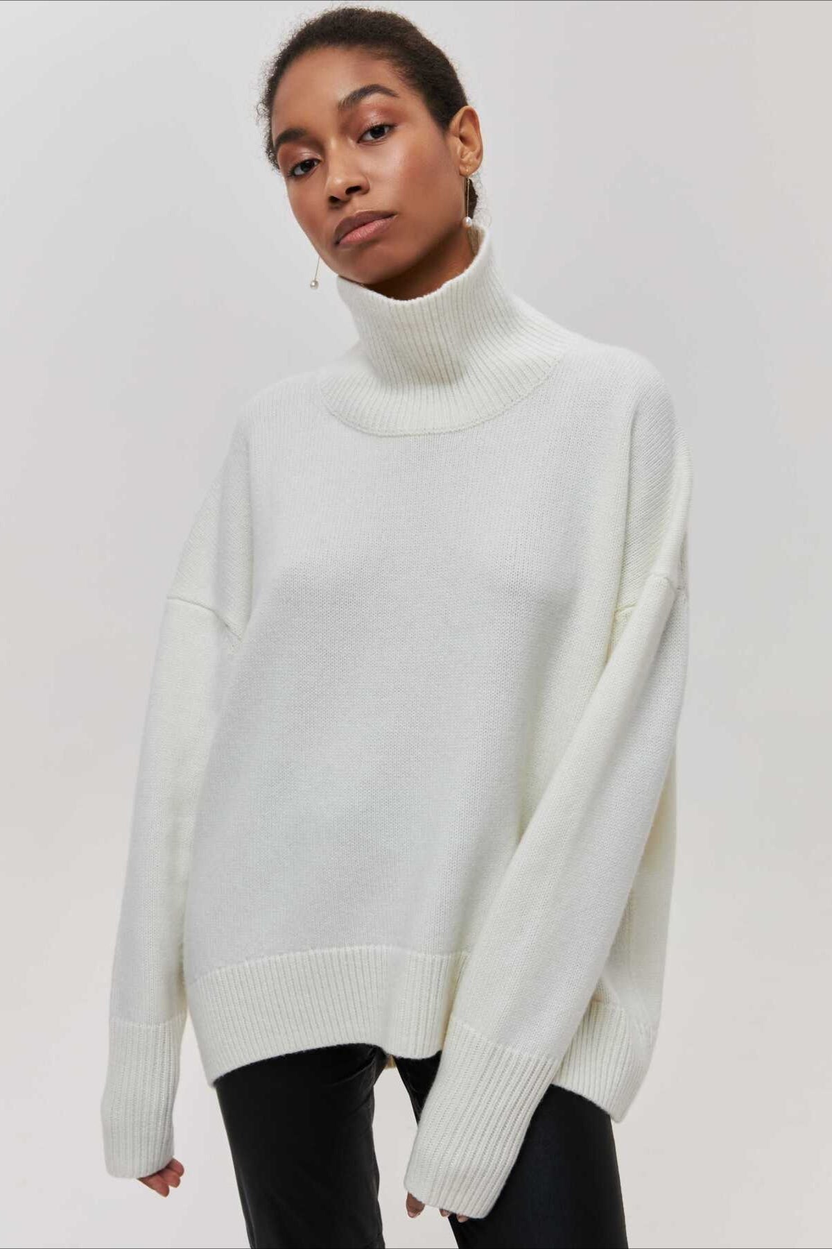 Asymmetric Cape Sleeve Turtleneck Knit Sweater