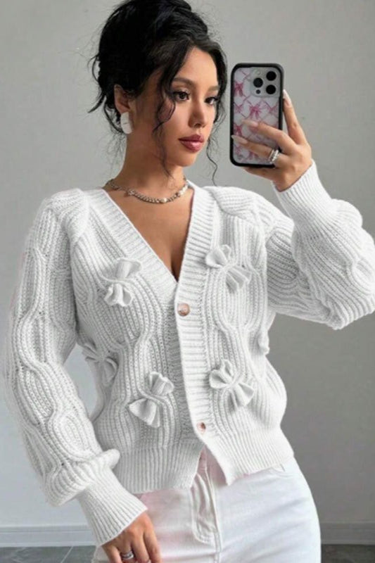 Bow Applique V Neck Button Knit Cardigan