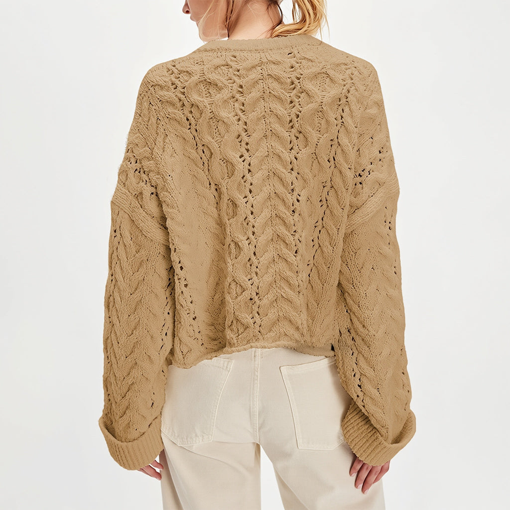 Button Detail Cable Knit Crew Neck Sweater