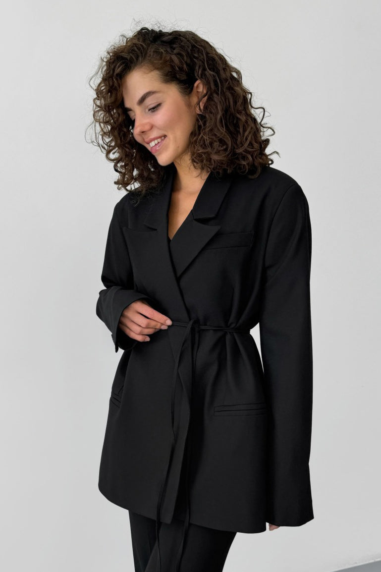 Tie Waist Longline Tailored Blazer