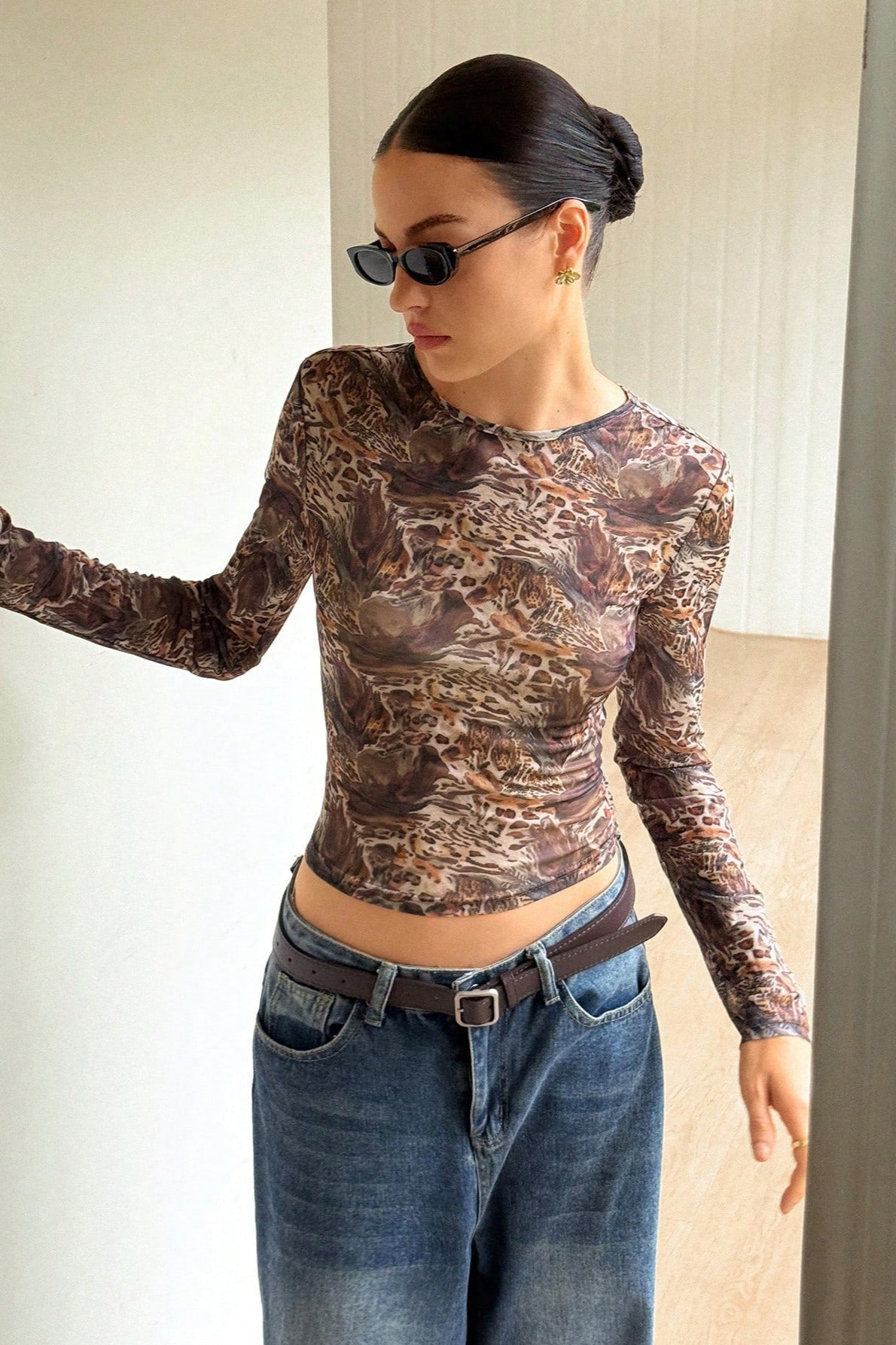Abstract Leopard Print Mesh Top