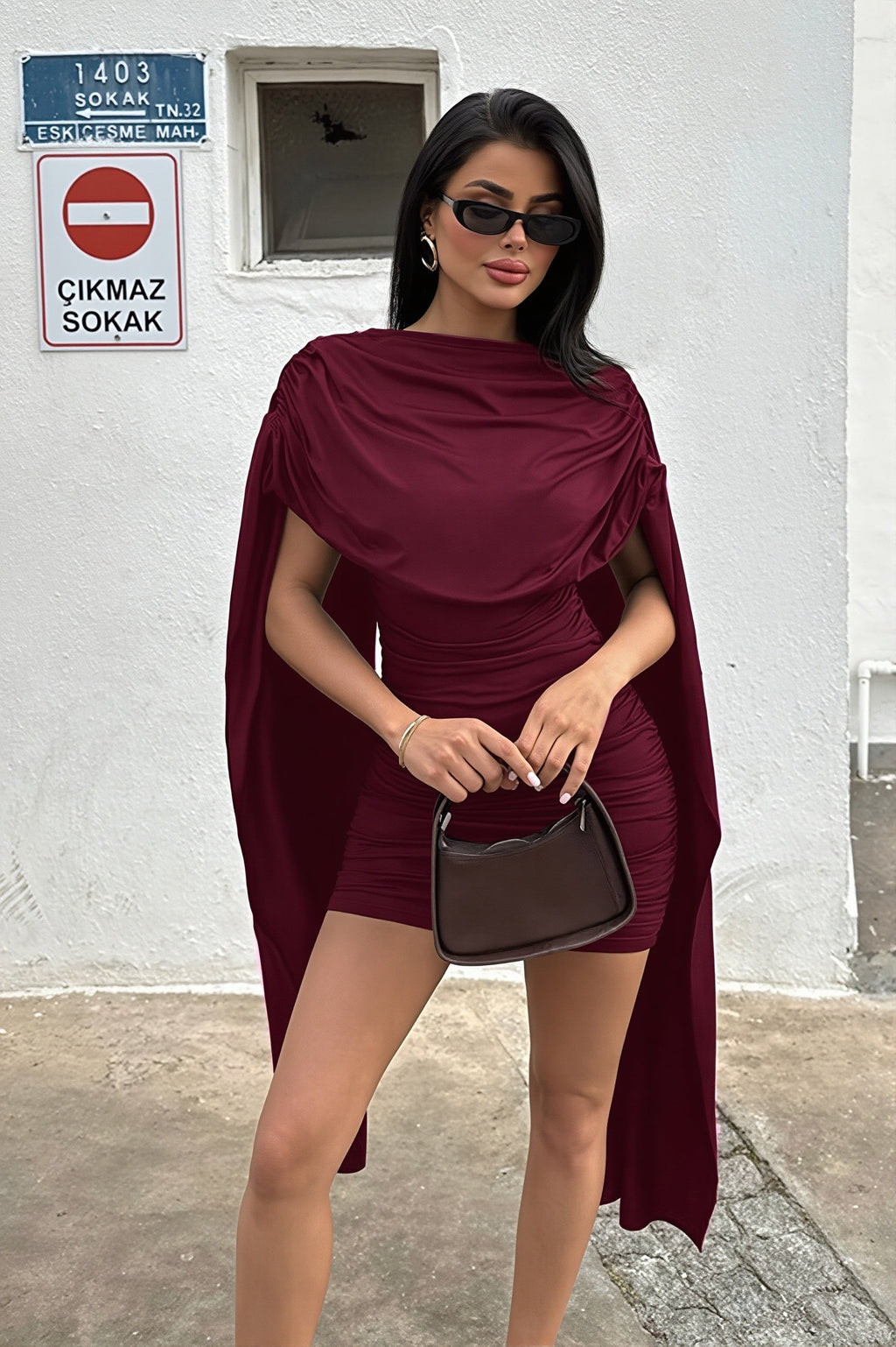 Draped High Neck Cape Mini Dress