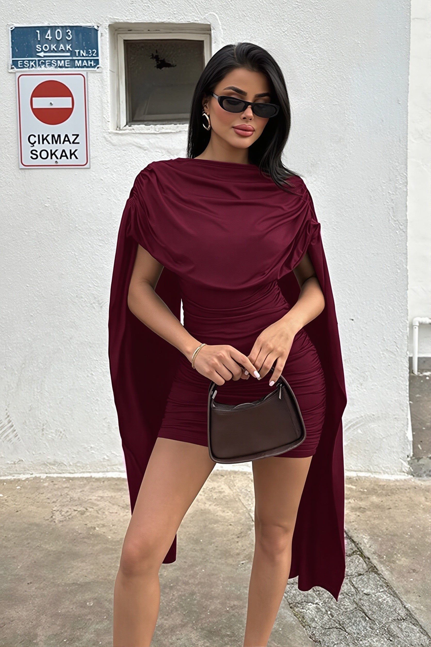 Draped High Neck Cape Mini Dress