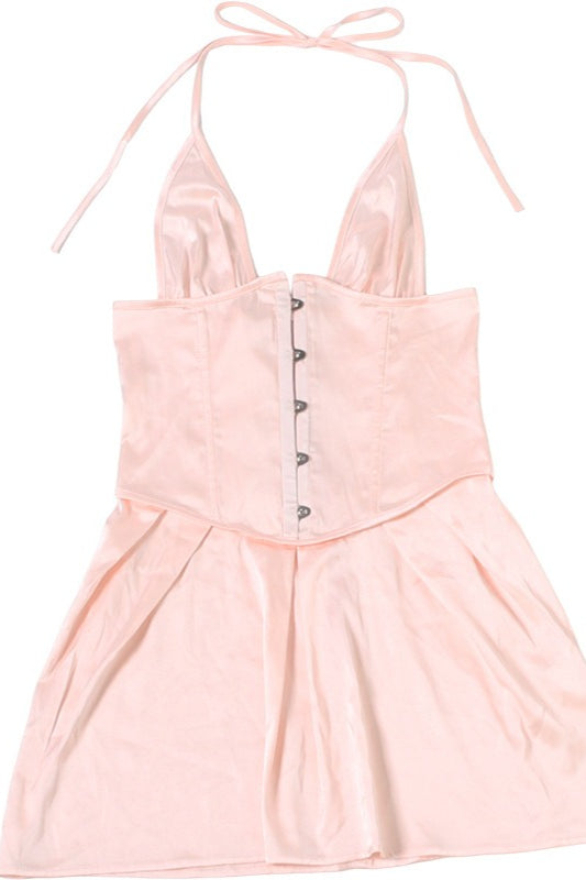 Satin Solid Halter Cinched Waist Mini Dress