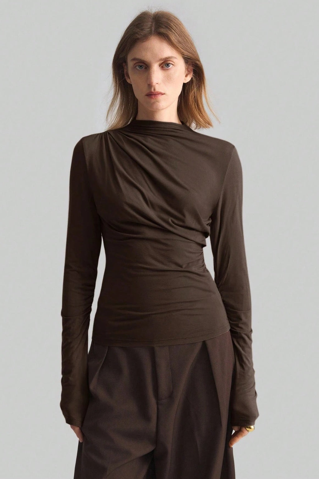 Asymmetric Ruched Mock Neck Top