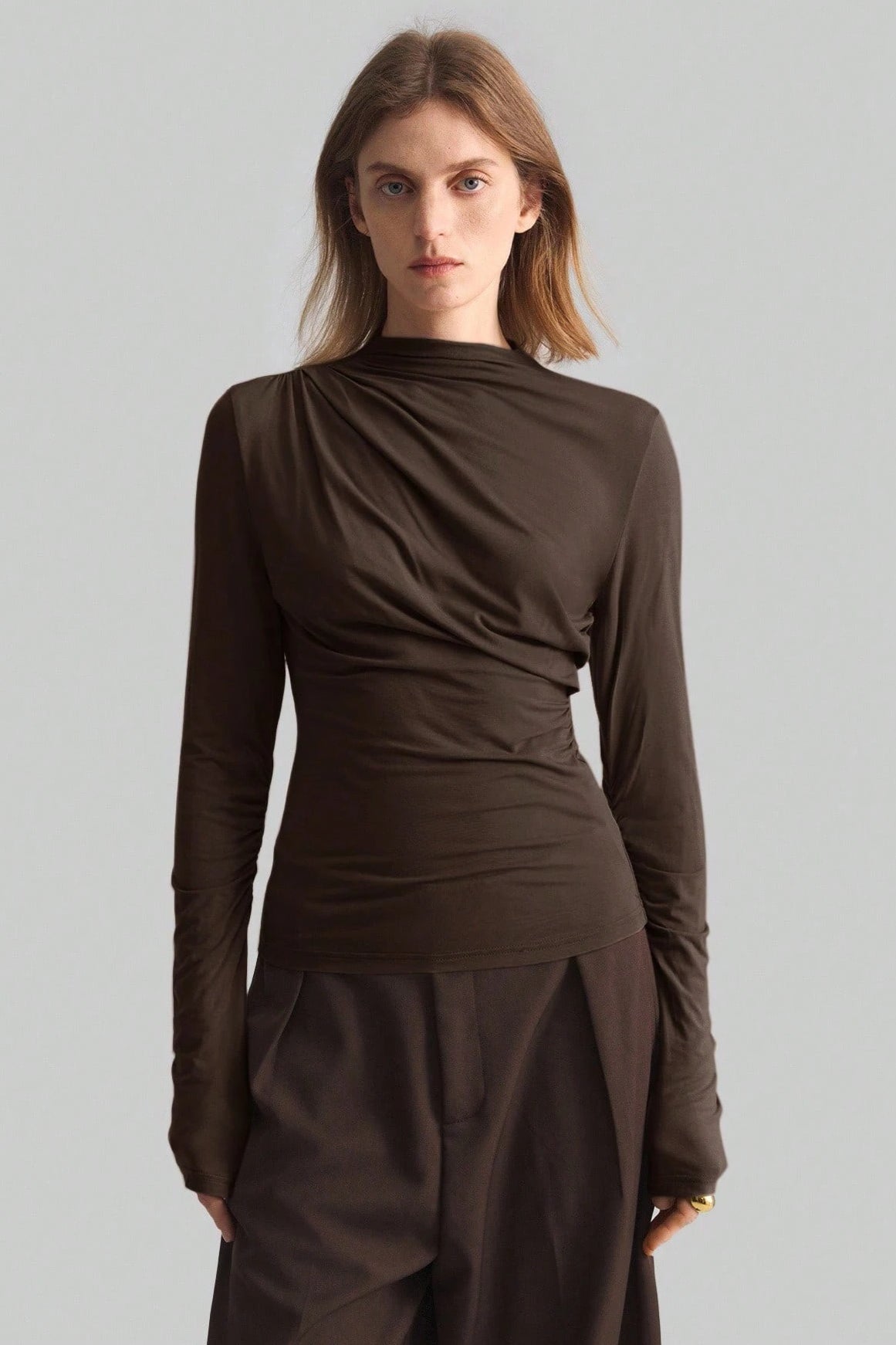 Asymmetric Ruched Mock Neck Top