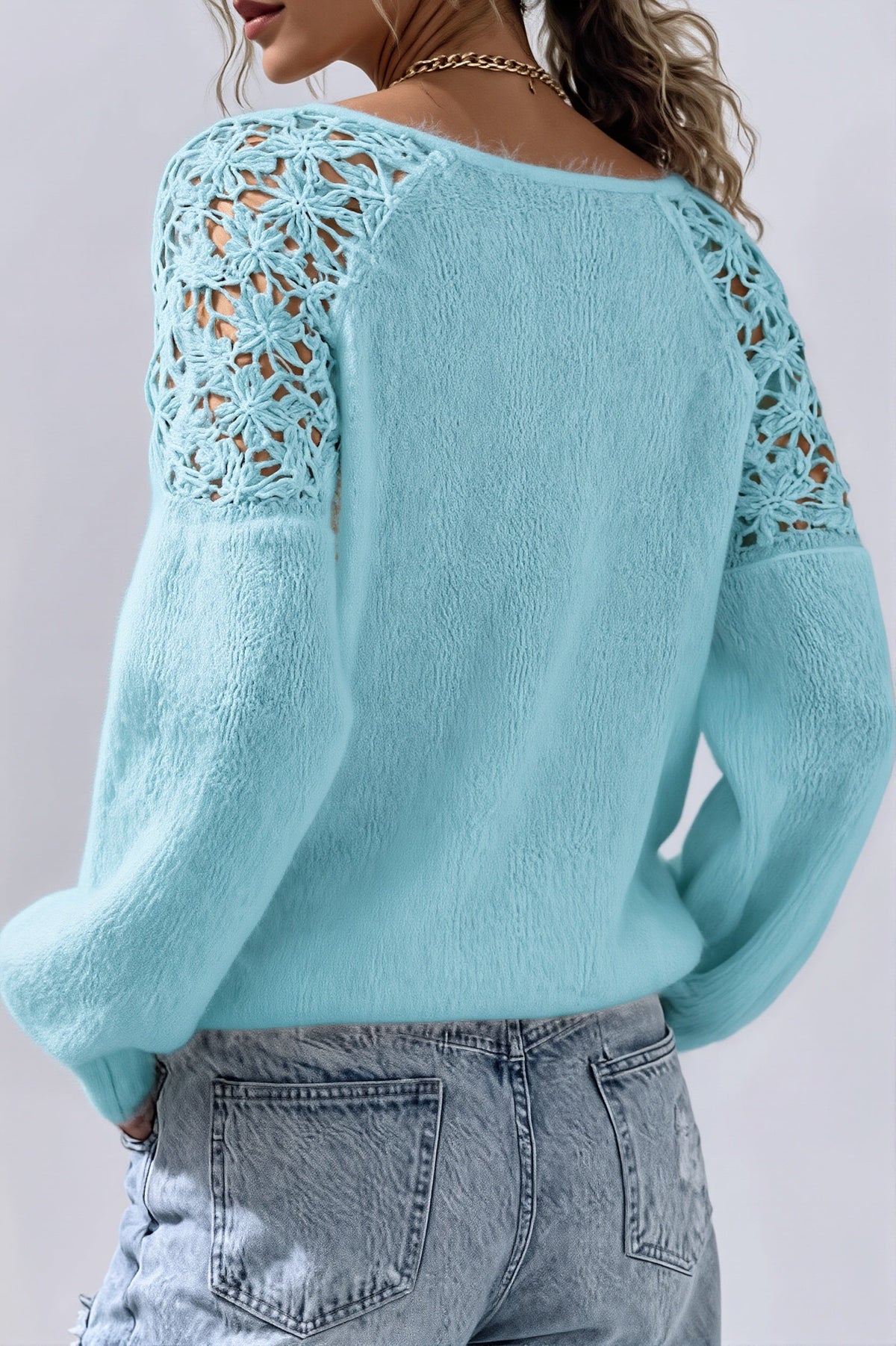 Lace Shoulder Fuzzy Relaxed Sweater