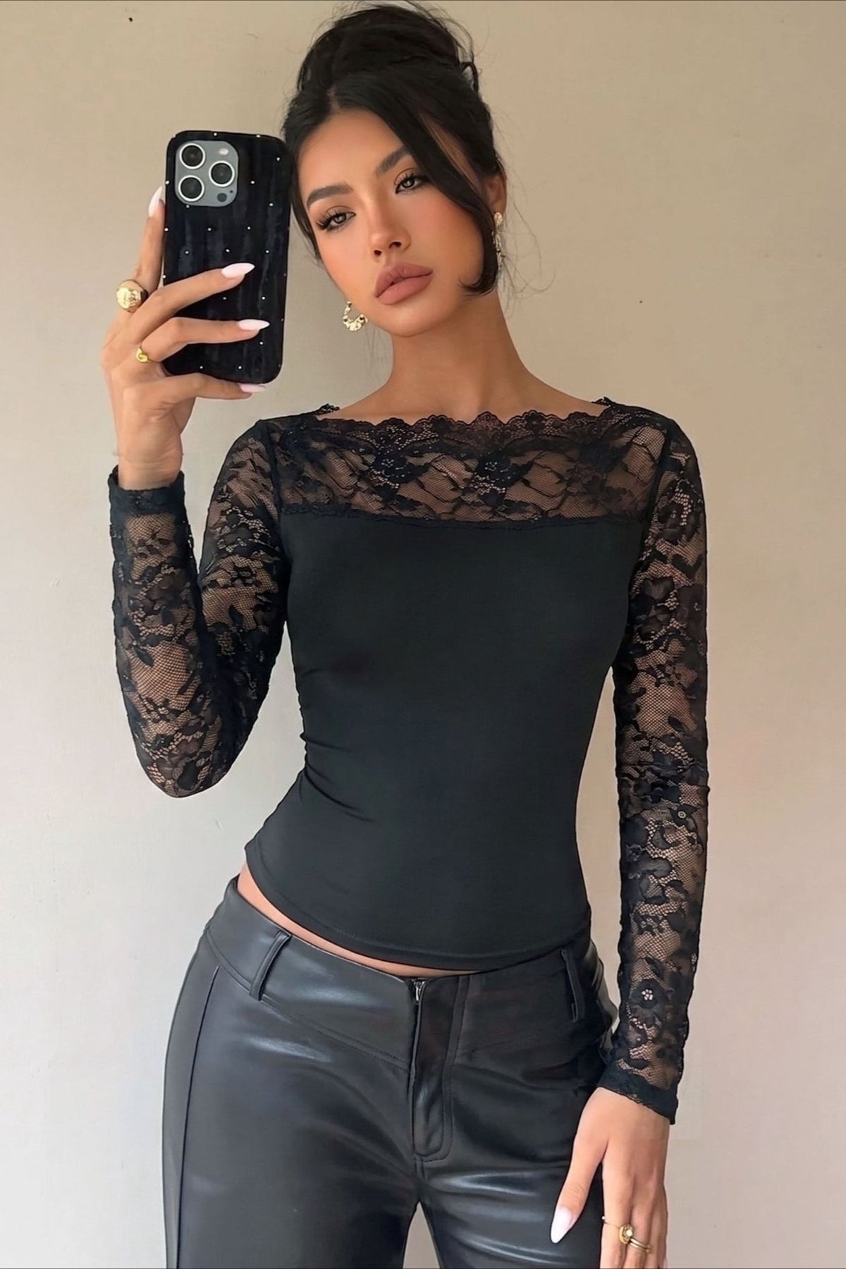 Boat Neck Lace Yoke Long Sleeve Top
