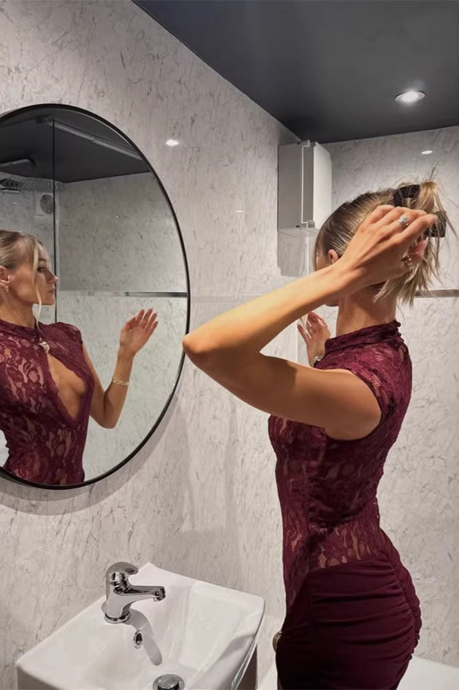 Lace Patchwork Waist-Defined Cutout Bodycon Dress