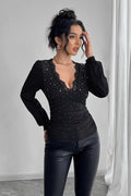 Rhinestone Lace Trim Ruched Blouse