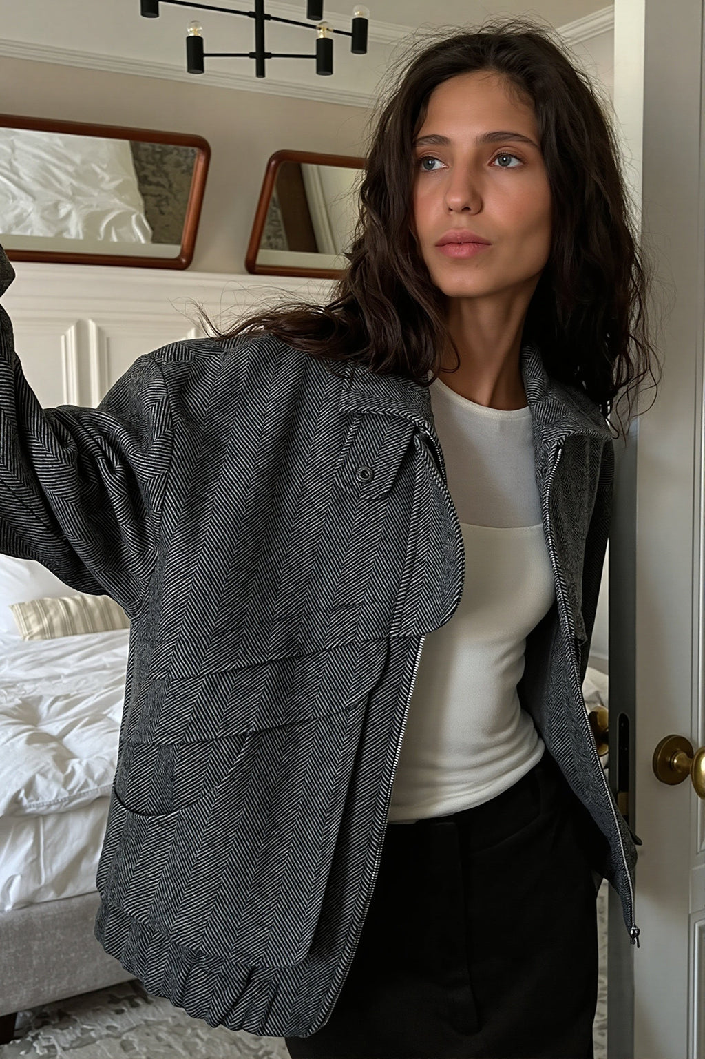 Herringbone High Collar Pocket Jacket
