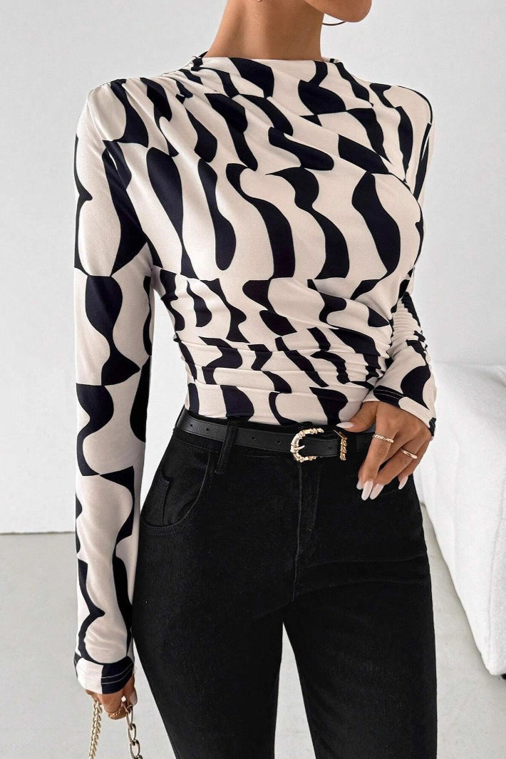 Abstract Wave Print Mock Neck Top
