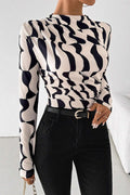 Abstract Wave Print Mock Neck Top