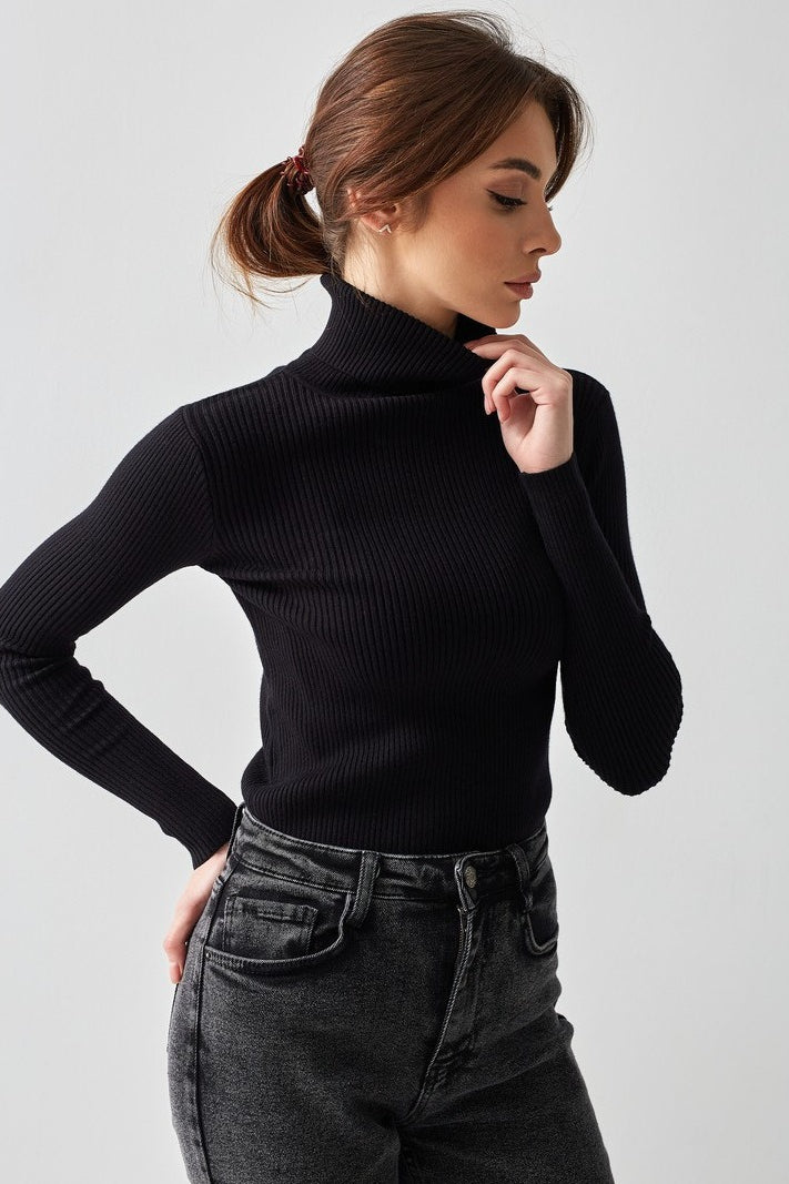 Fitted Ribbed Turtleneck Knit Sweater