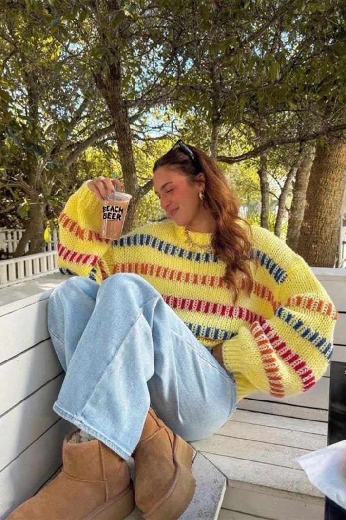 Open Knit Multicolor Stripe Sweater