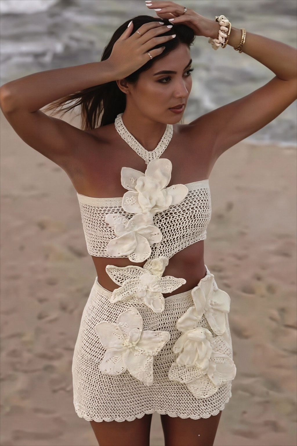 Floral Crochet Cutout Halter Mini Dress