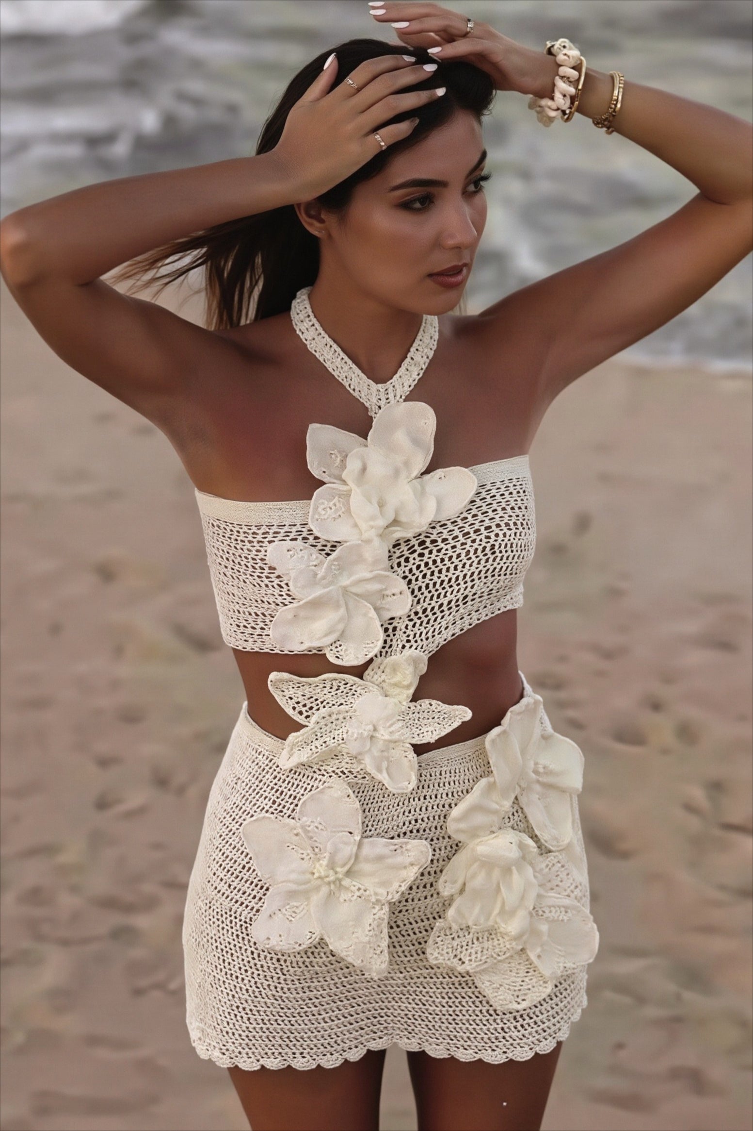 Floral Crochet Cutout Halter Mini Dress