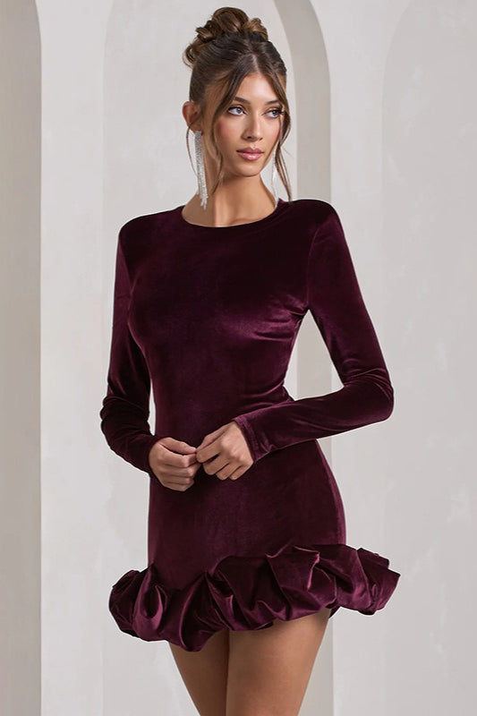 Luxe Velvet Crew Neck Pleated Long Sleeve Mini Dress
