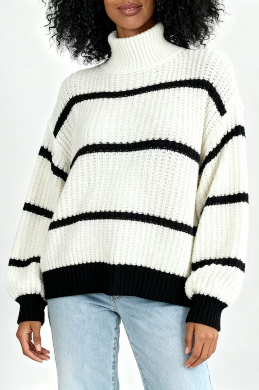 Contrast Stripe Turtleneck Relaxed Knit Sweater