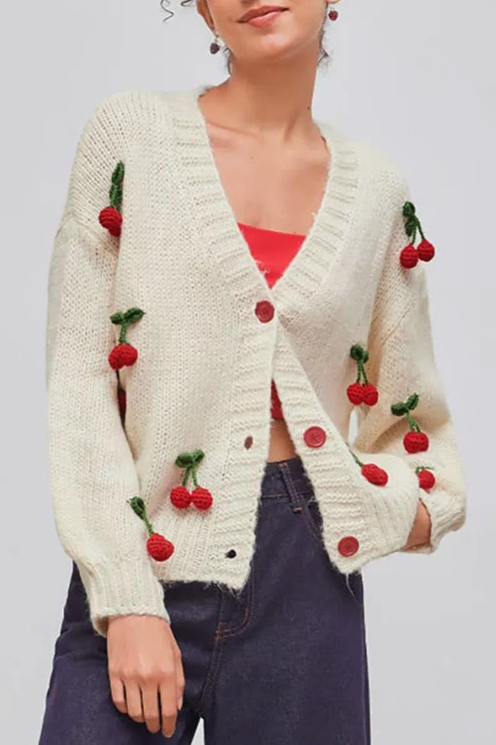 Cherry Applique V Neck Button Cardigans