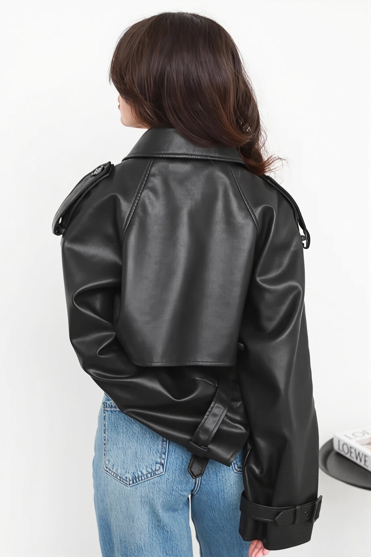 Belted Lapel Cropped Faux Leather Jacket