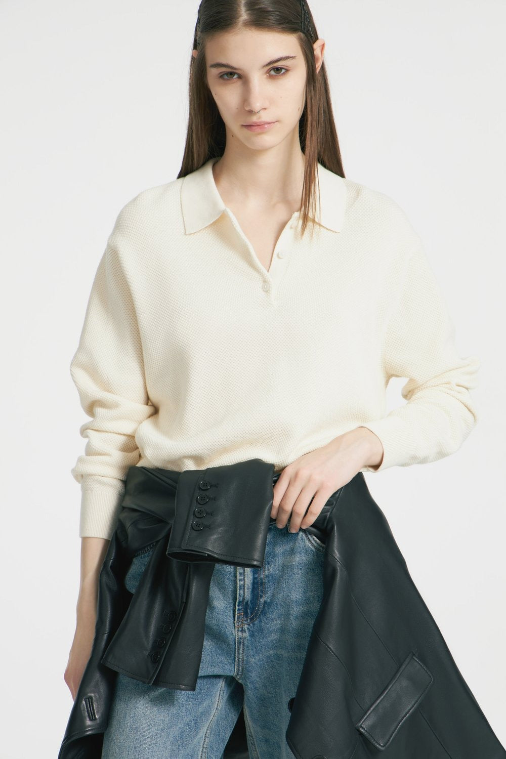 Polo Collar Button Placket Knit Sweater