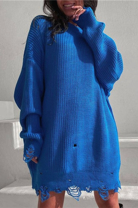 Distressed Hem Turtleneck Oversized Knit Sweater