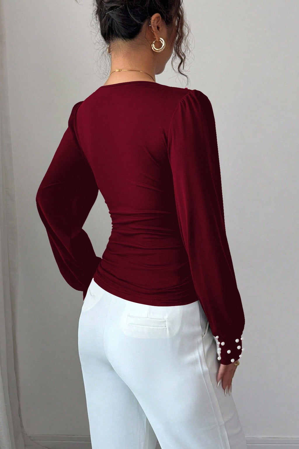 Pearl Studded Wrap V Neck Blouse
