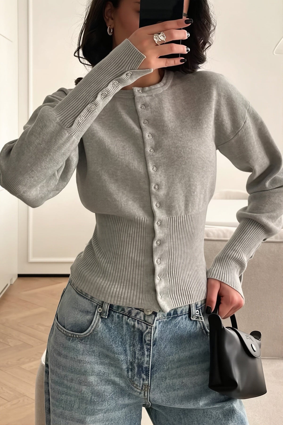 Ribbed Round Neck Fitted Waist Cardigan