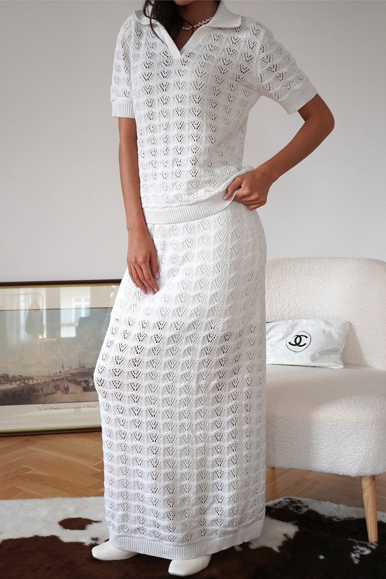 Openwork Polo Knit Top Maxi Skirt Set