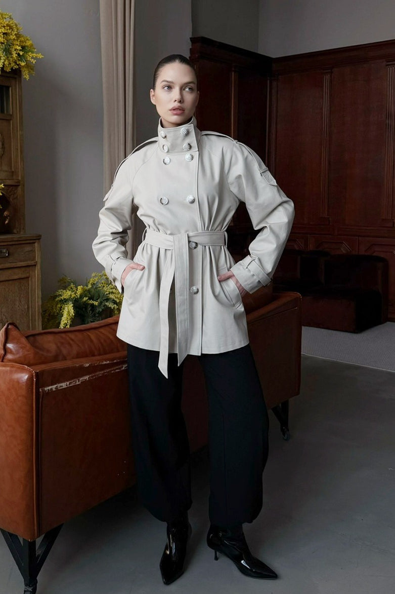Stand Collar Belted Trench Jacket