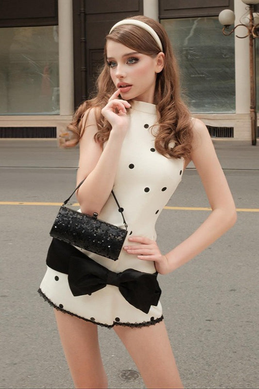 Crew Neck Waist Cinched Color Block Polka Dot Bow Mini Dress