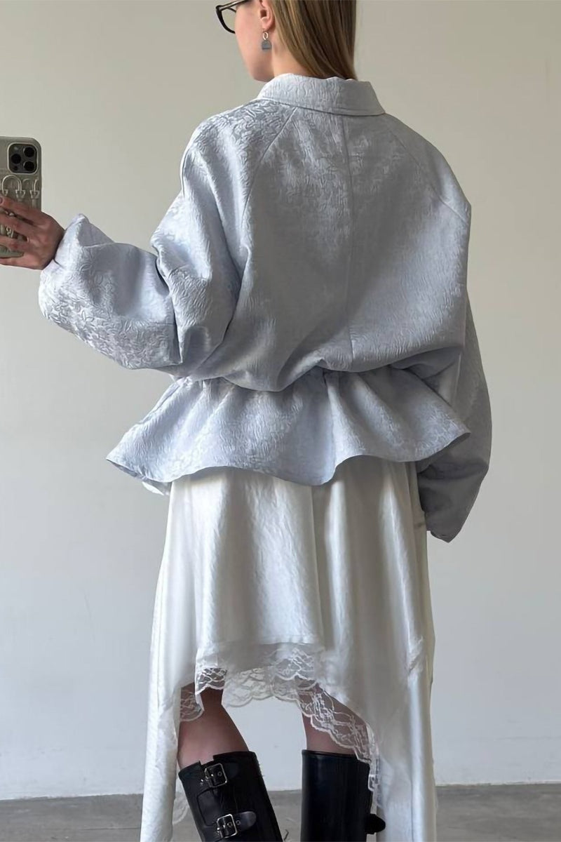 Jacquard Peplum Drawstring Zip Jacket
