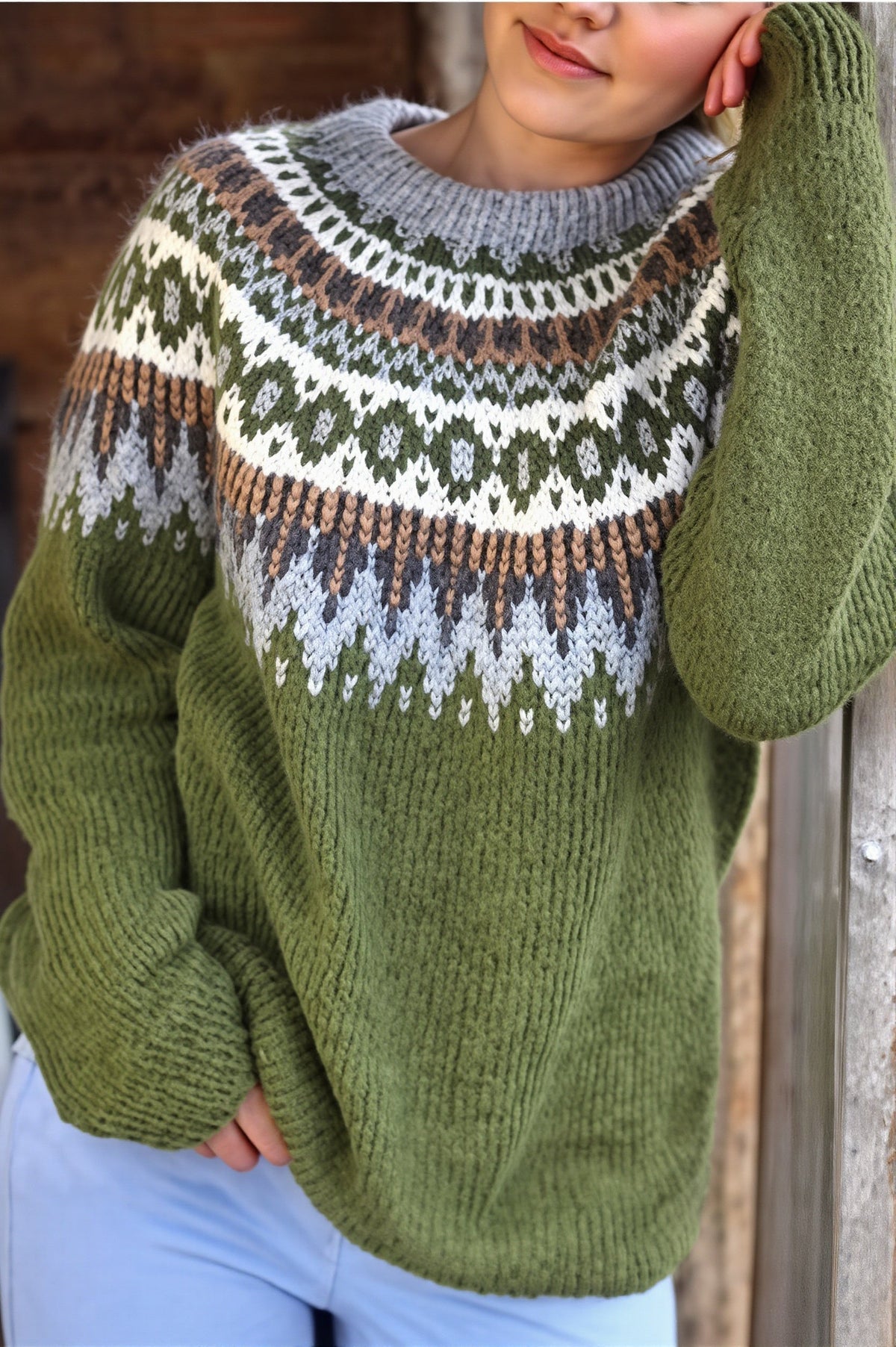 Fair Isle Crew Neck Raglan Sweater