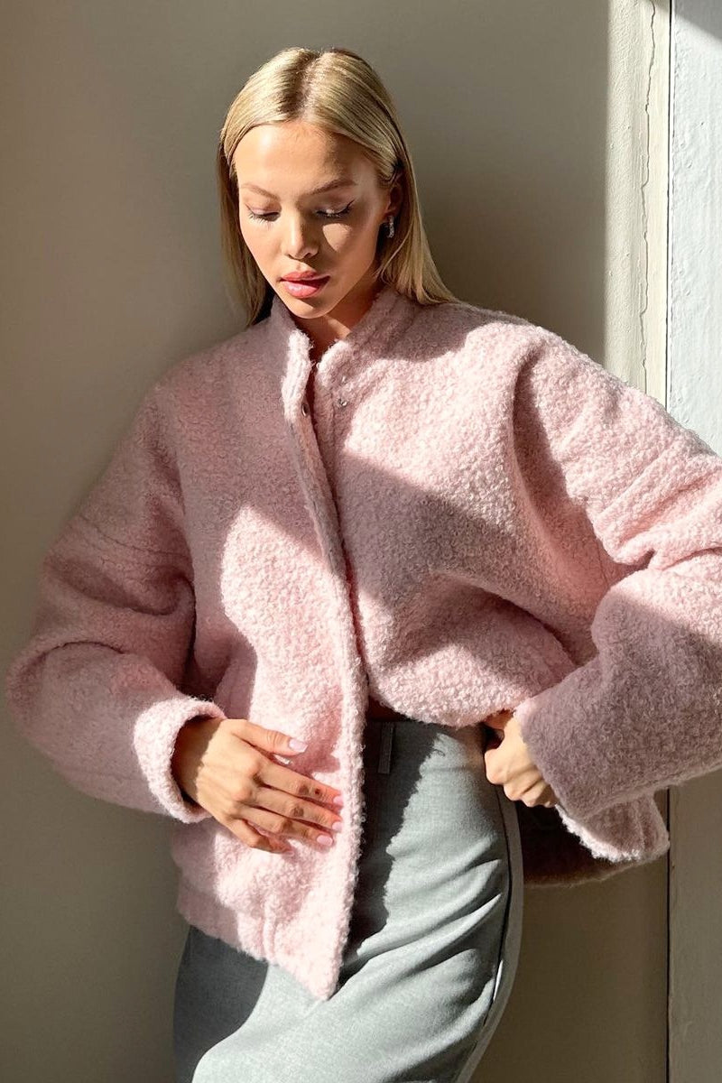 Fuzzy Stand Collar Cropped Bomber Jacket