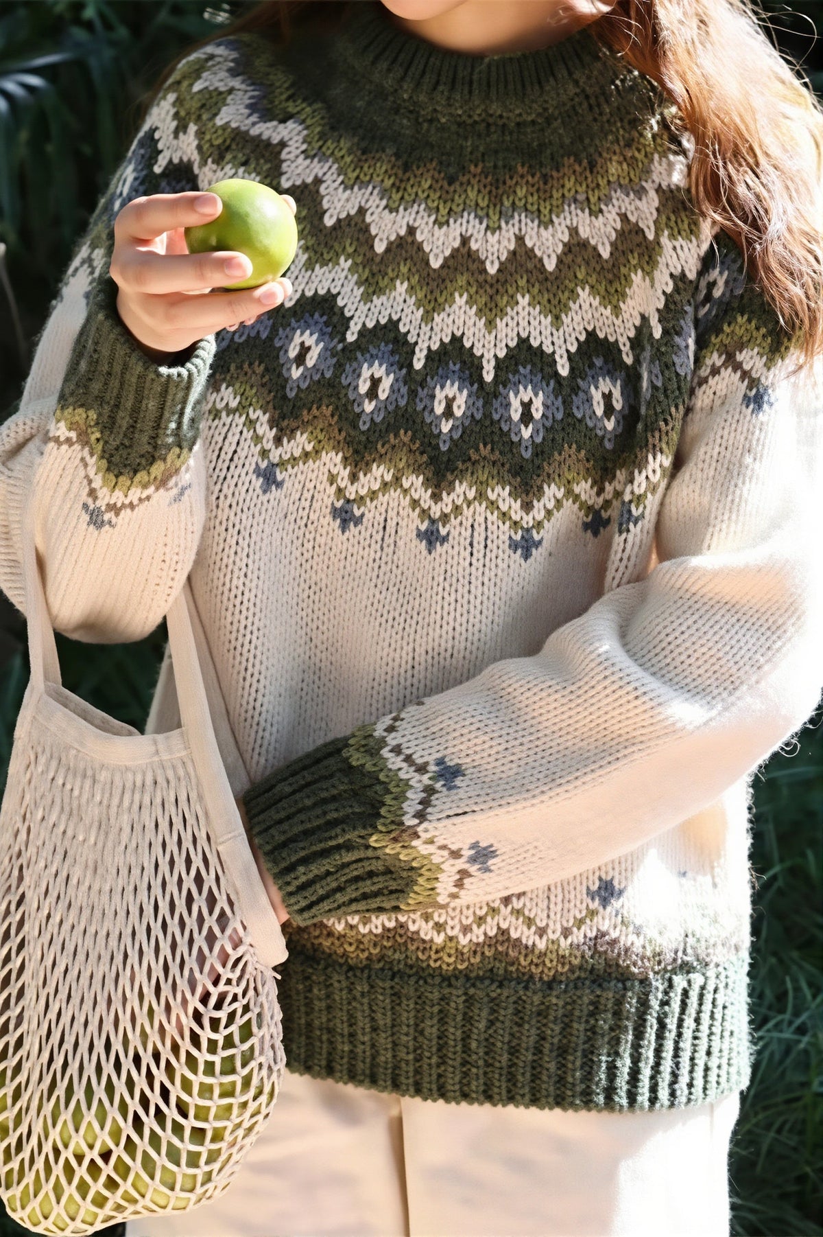 Fair Isle Crew Neck Raglan Sweater