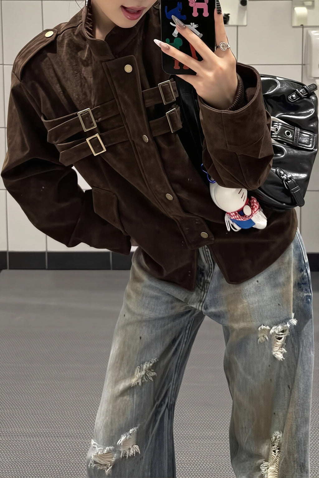 Buckle Pocket Stand Collar Suede Jacket