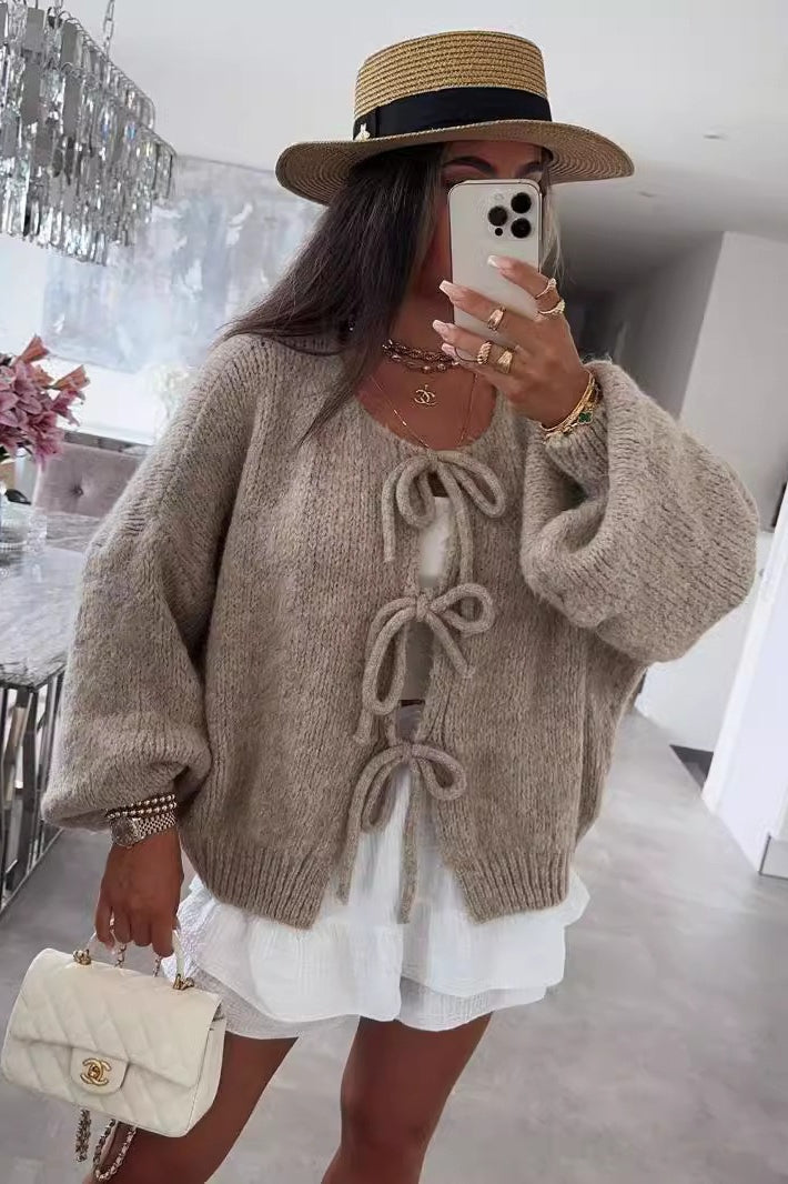 Bow Tie Front Crew Neck Knit Casual Cardigan