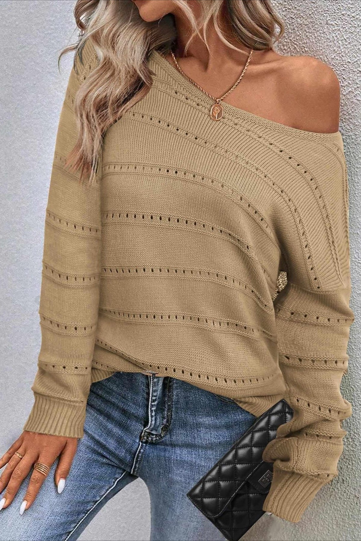 Openwork Boat Neck Relaxed Sweater