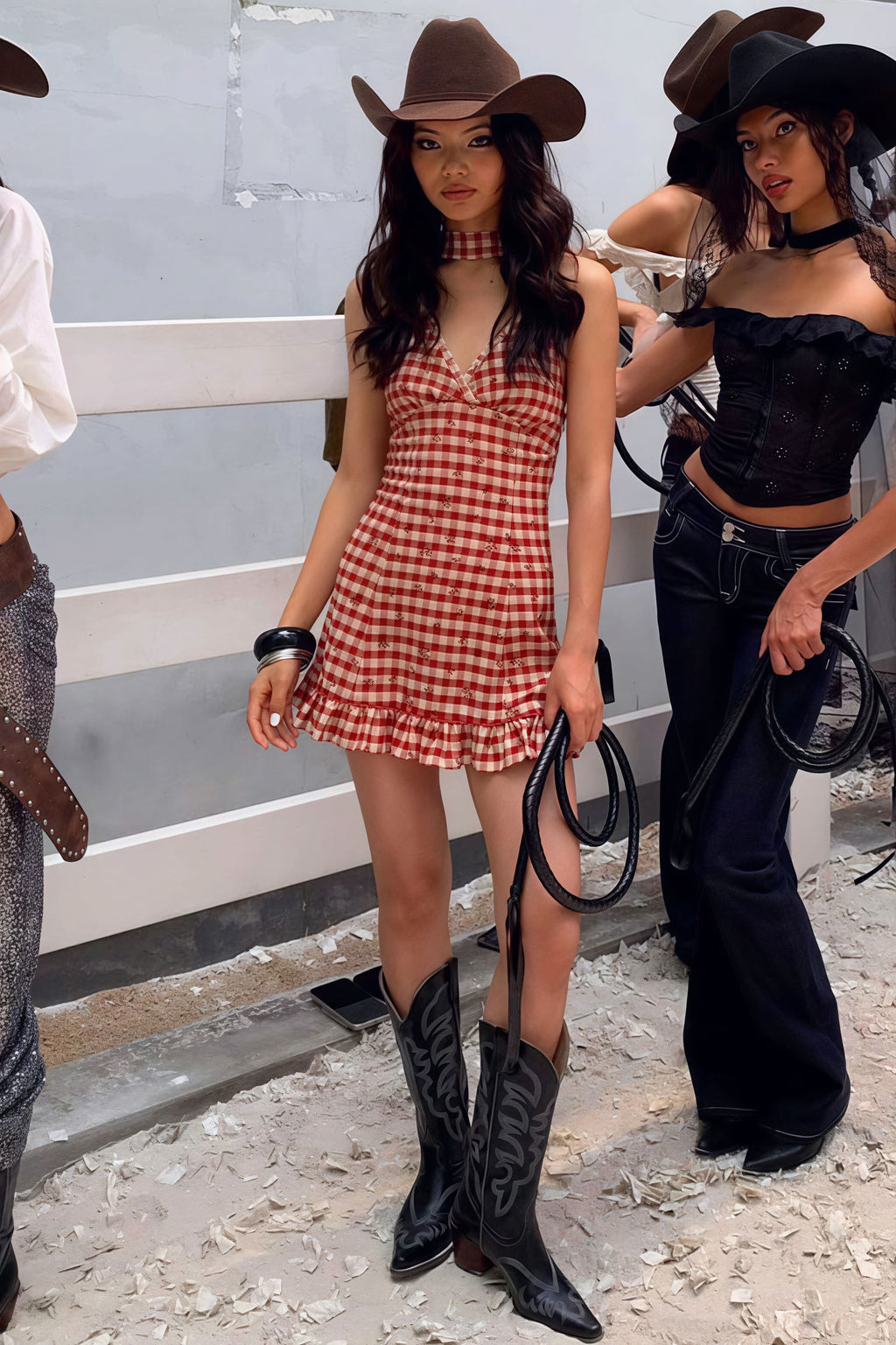 Vintage Red Plaid Deep V Halter Mini Dress
