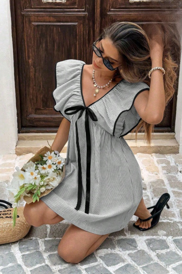 Striped V Neck Ruffle Flutter Sleeve Mini Dress
