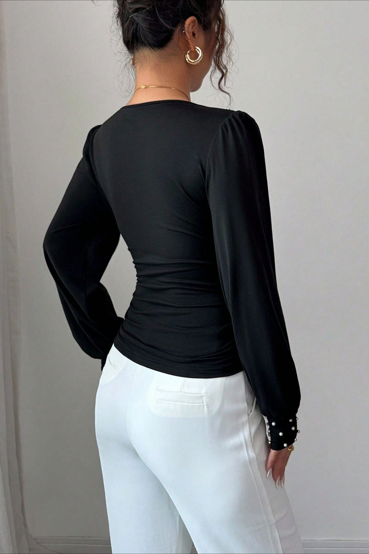 Pearl Studded Wrap V Neck Blouse