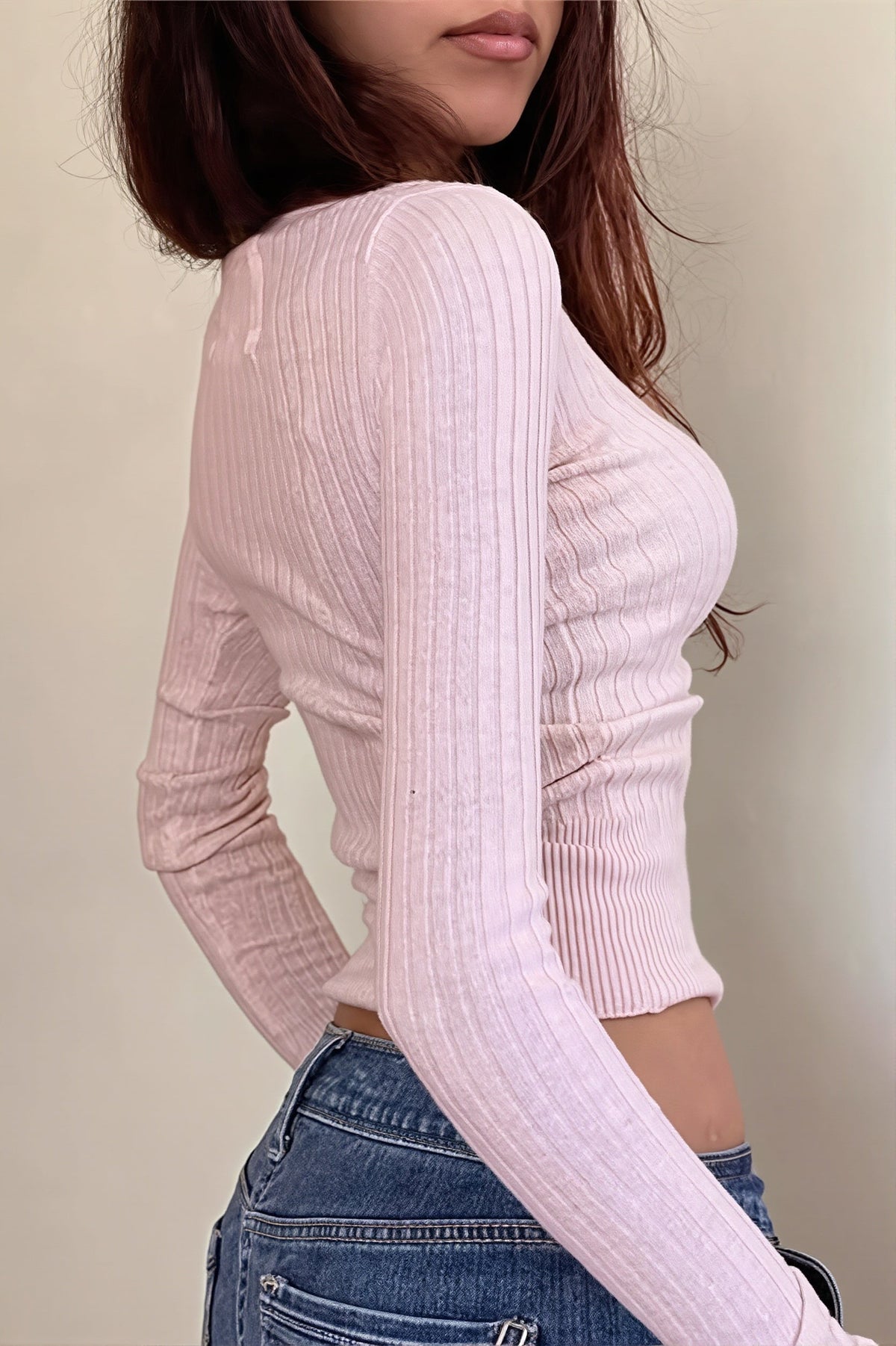 Button Placket Scoop Neck Fit Sweater
