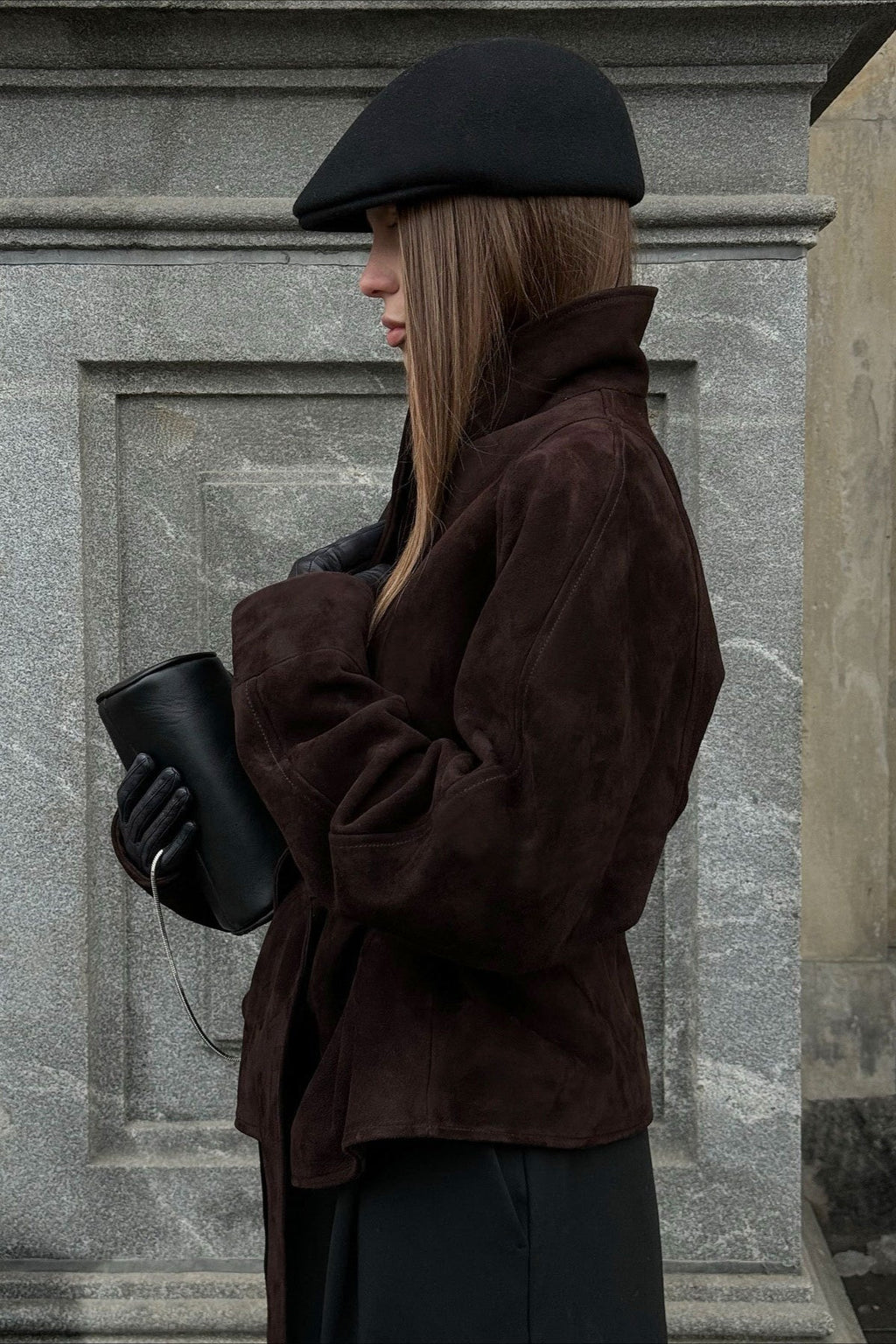 Belted Shawl Collar Suede Jacket