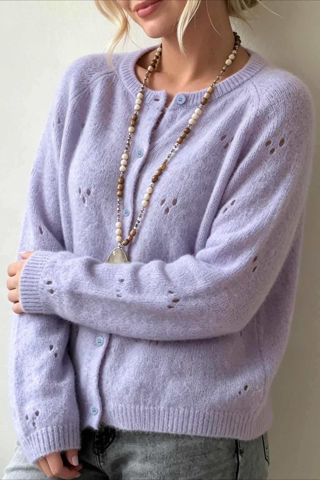 Lavender Openwork Crew Neck Cardigans